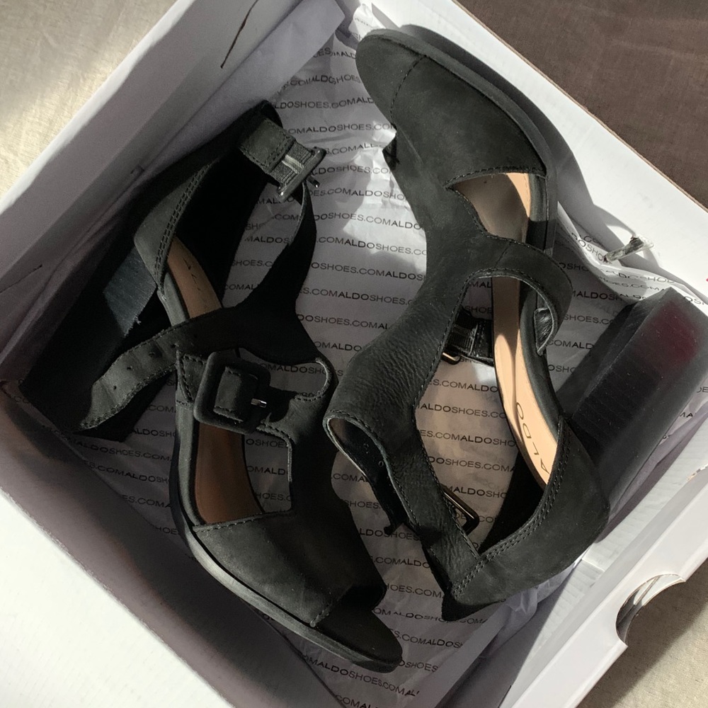 Black Suede Open Toed Block Heels With Buckles - image 3